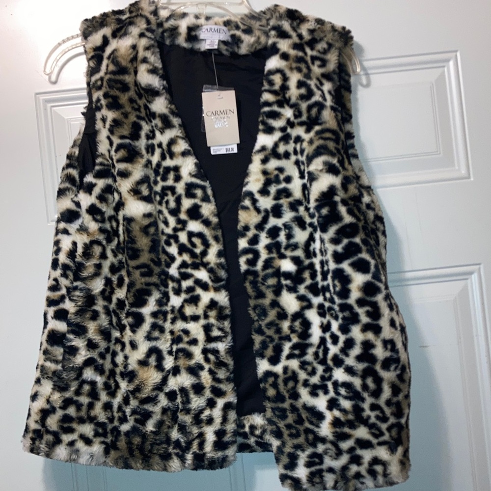Carmen Marc Valvo Animal Print Faux Fur Vest S NWT